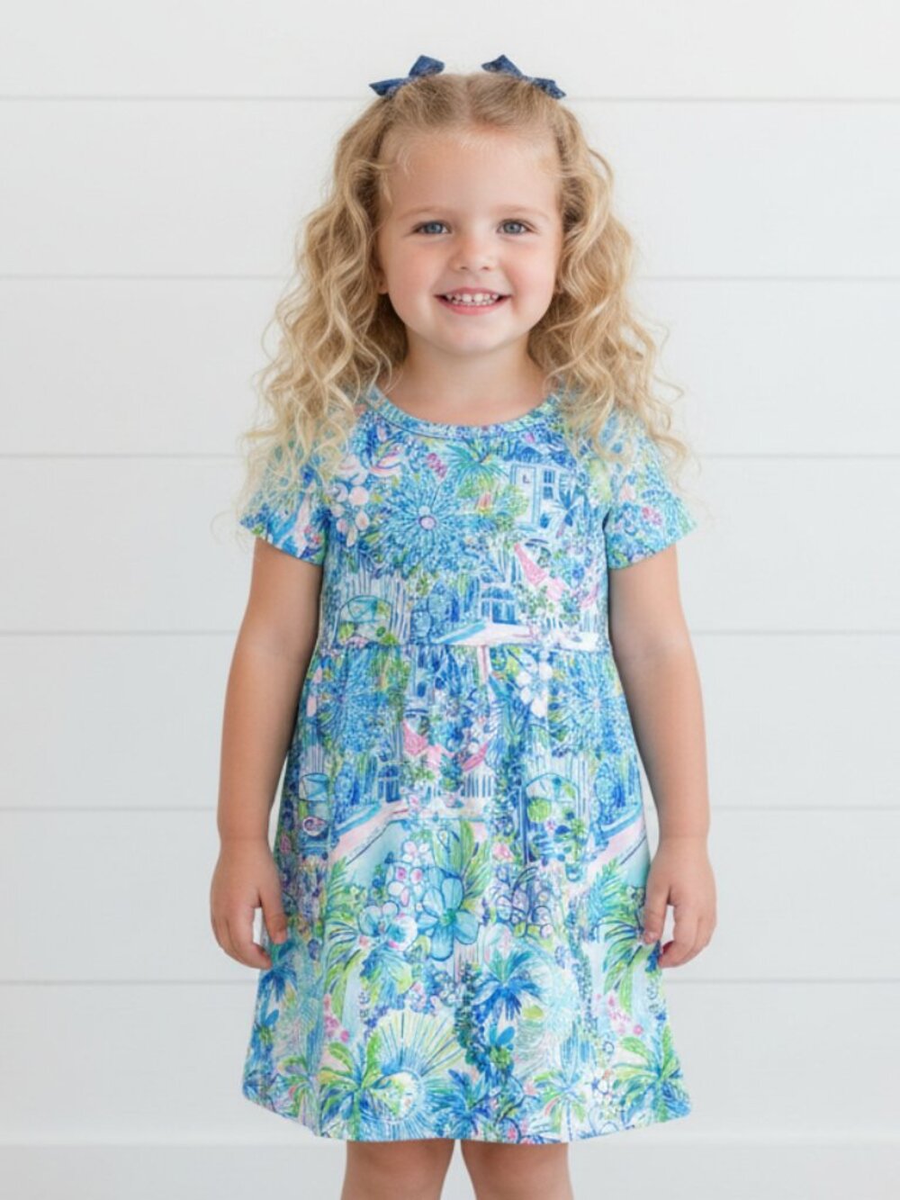 Blue Preppy Tropical Print Dress, girl's, Milk Silk